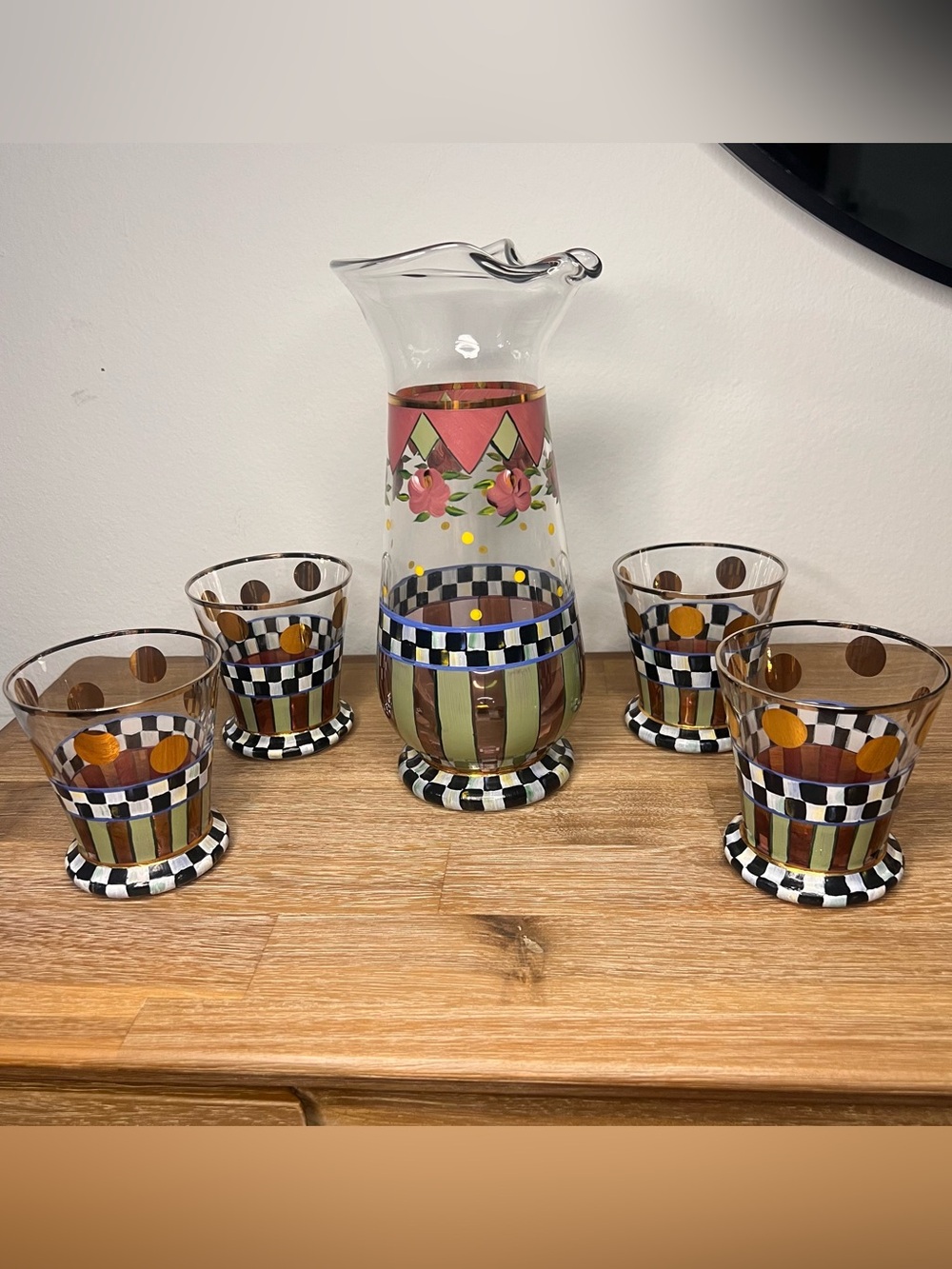 MacKenzie-Childs Hand-Painted 5-Piece Pitcher & Tumbler Set Courtly Check Floral - Picture 4 of 5